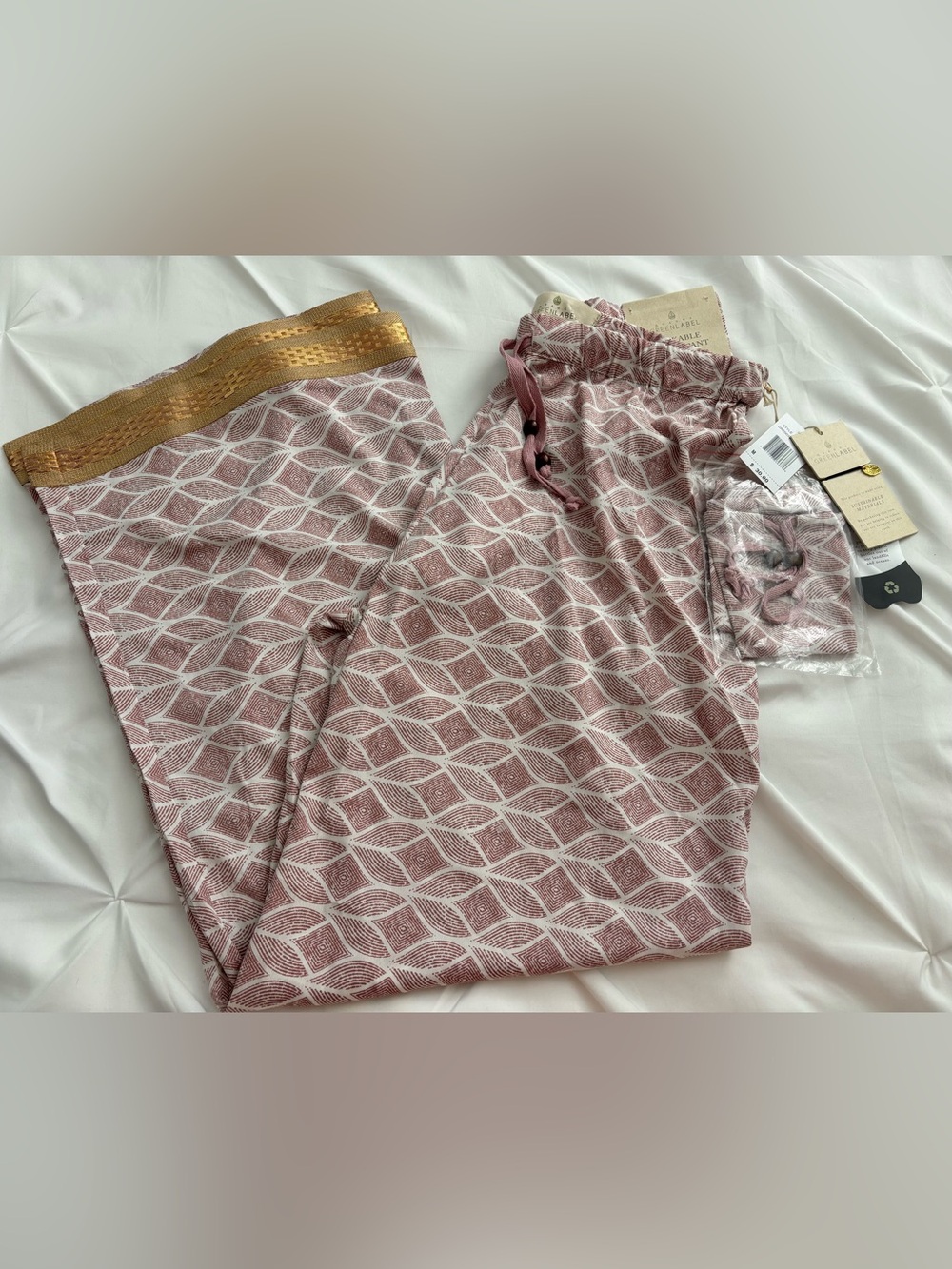 Green Label Packable Lounge Pants with Gold Trim - Dusty Rose & White, Med, NWT